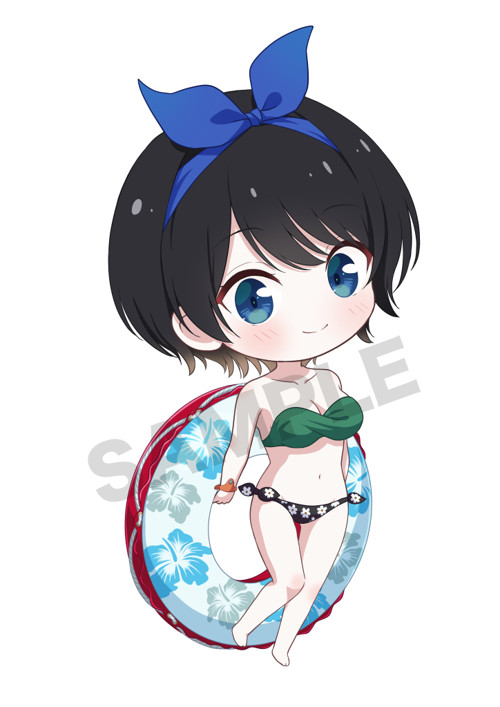 necocafe lili, sarashina ruka, kanojo okarishimasu, commentary request, 1girl, barefoot, bikini, black bikini, black hair, blue ribbon, blush, breasts, chibi, cleavage, closed mouth, collarbone, floral print, gradient hair, green bikini, hair ribbon, holding, holding swim ring, innertube, light smile, looking at viewer, medium breasts, mismatched bikini, multicolored hair, navel, ribbon, sample watermark, solo, standing, swim ring, swimsuit, thigh gap, watermark