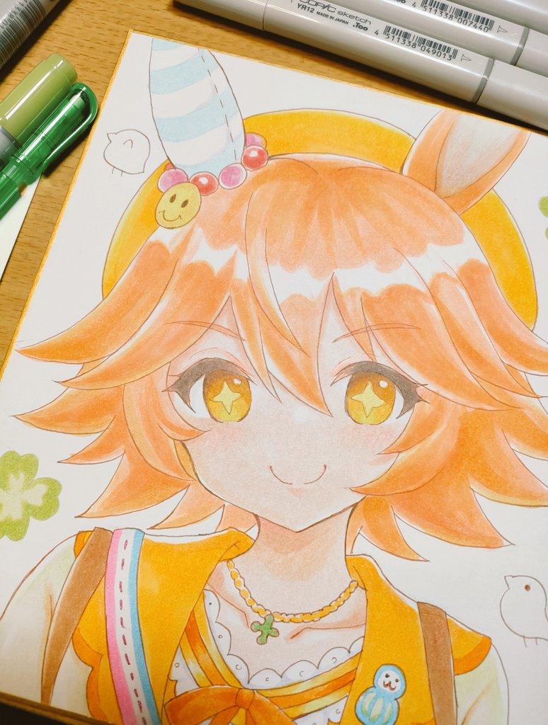 terimuku, matikanefukukitaru (umamusume), umamusume, commentary request, photo (medium), traditional media, >:), + +, 1girl, animal ears, beret, closed mouth, hair between eyes, hat, horse ears, looking at viewer, orange eyes, orange hair, orange hat, shikishi, shirt, smile, solo, upper body, v-shaped eyebrows, white shirt