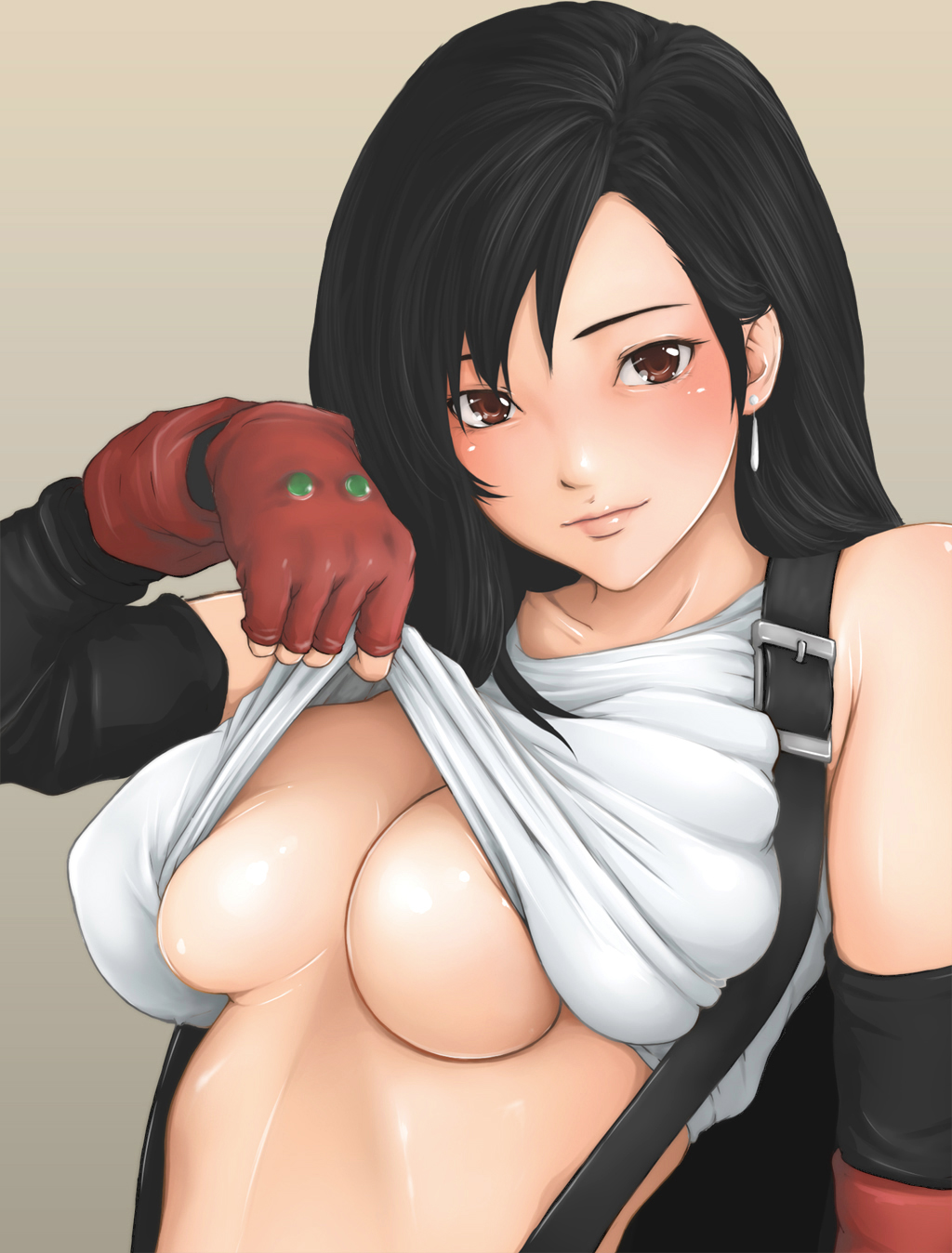 hebameki, tifa lockhart, final fantasy, final fantasy vii, square enix, highres, 1990s (style), 1girl, black hair, blush, breasts, clothes lift, earrings, elbow gloves, female focus, fingerless gloves, gloves, jewelry, large breasts, long hair, red eyes, retro artstyle, shirt lift, solo, suspenders, tank top, underboob