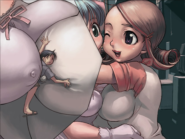 artist request, source request, 1boy, 2girls, asymmetrical docking, between breasts, blush, breast press, breast smother, breasts, close-up, covered erect nipples, face to breasts, giant, giantess, gloves, mini person, miniboy, multiple breast smother, multiple giantesses, multiple girls, one eye closed, open mouth, person between breasts, smile