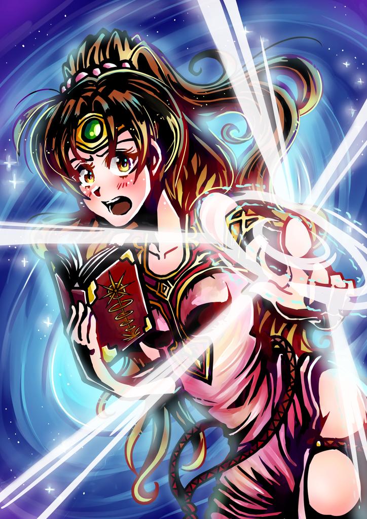 alyossan, linde (fire emblem), fire emblem, fire emblem: mystery of the emblem, fire emblem: shadow dragon and the blade of light, nintendo, commission, 1girl, annoyed, armlet, bare shoulders, blue background, blush, book, breasts, brown eyes, brown hair, circlet, collarbone, dress, flashing light, forehead jewel, jewelry, long hair, medium breasts, pink dress, pointing, pointing at viewer, ponytail, scrunchie, side slit, skindentation, sleeveless, solo, star (sky), thighs, very long hair