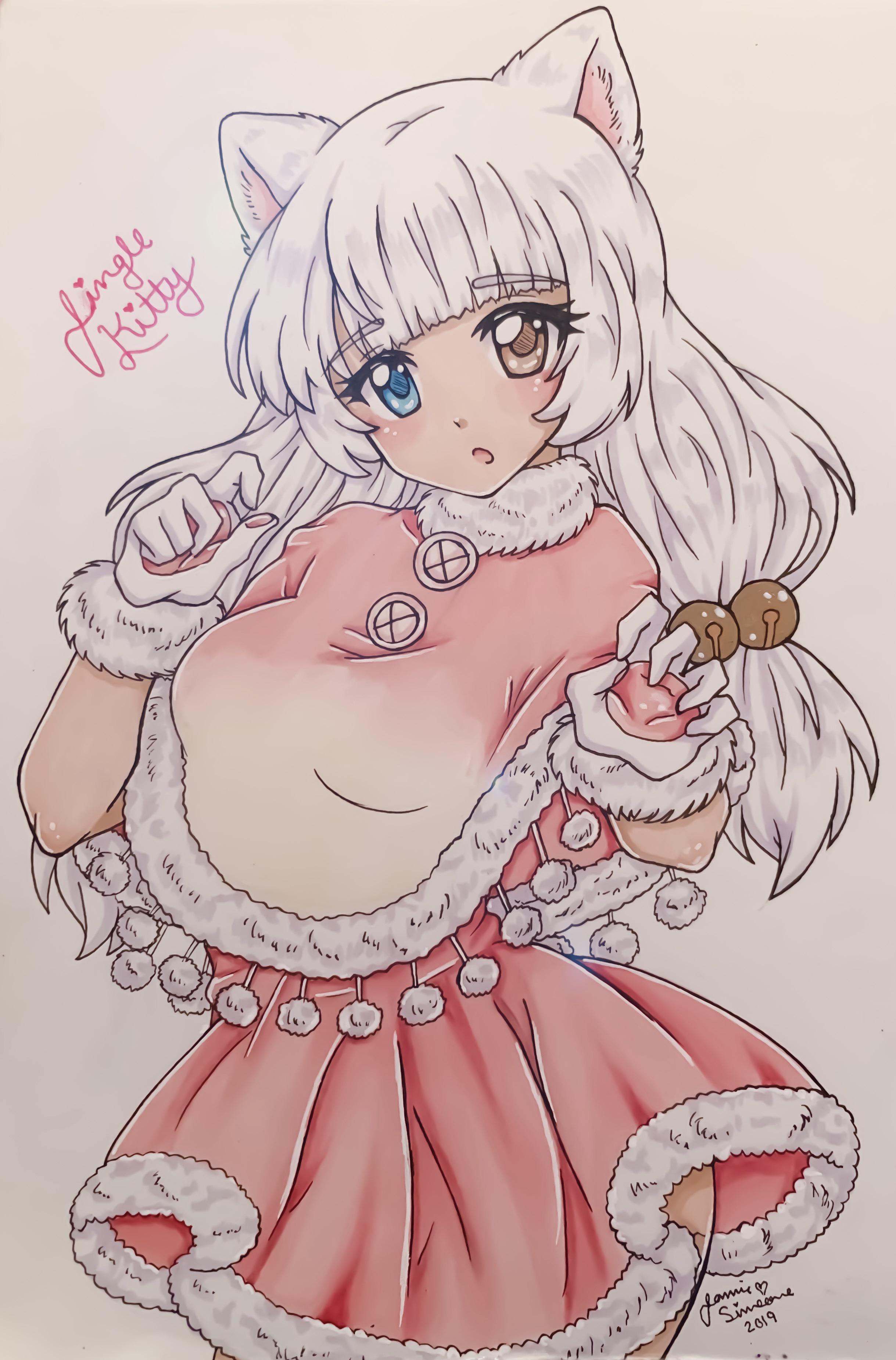 miracle nikki, nikki (series), absurdres, commentary, english commentary, highres, traditional media, 1girl, 2019, animal ears, bell, blue eyes, blunt bangs, buttons, cat ears, character name, cowboy shot, dress, eyelashes, fur-trimmed dress, fur-trimmed gloves, fur-trimmed poncho, fur trim, gloves, hair bell, hair ornament, heterochromia, jingle kitty (miracle nikki), long hair, low-tied long hair, paw pose, pink dress, pink gloves, pink poncho, pleated dress, pom pom (clothes), short dress, signature, solo, standing, two-tone gloves, white gloves, white hair, yamisaan, yellow eyes