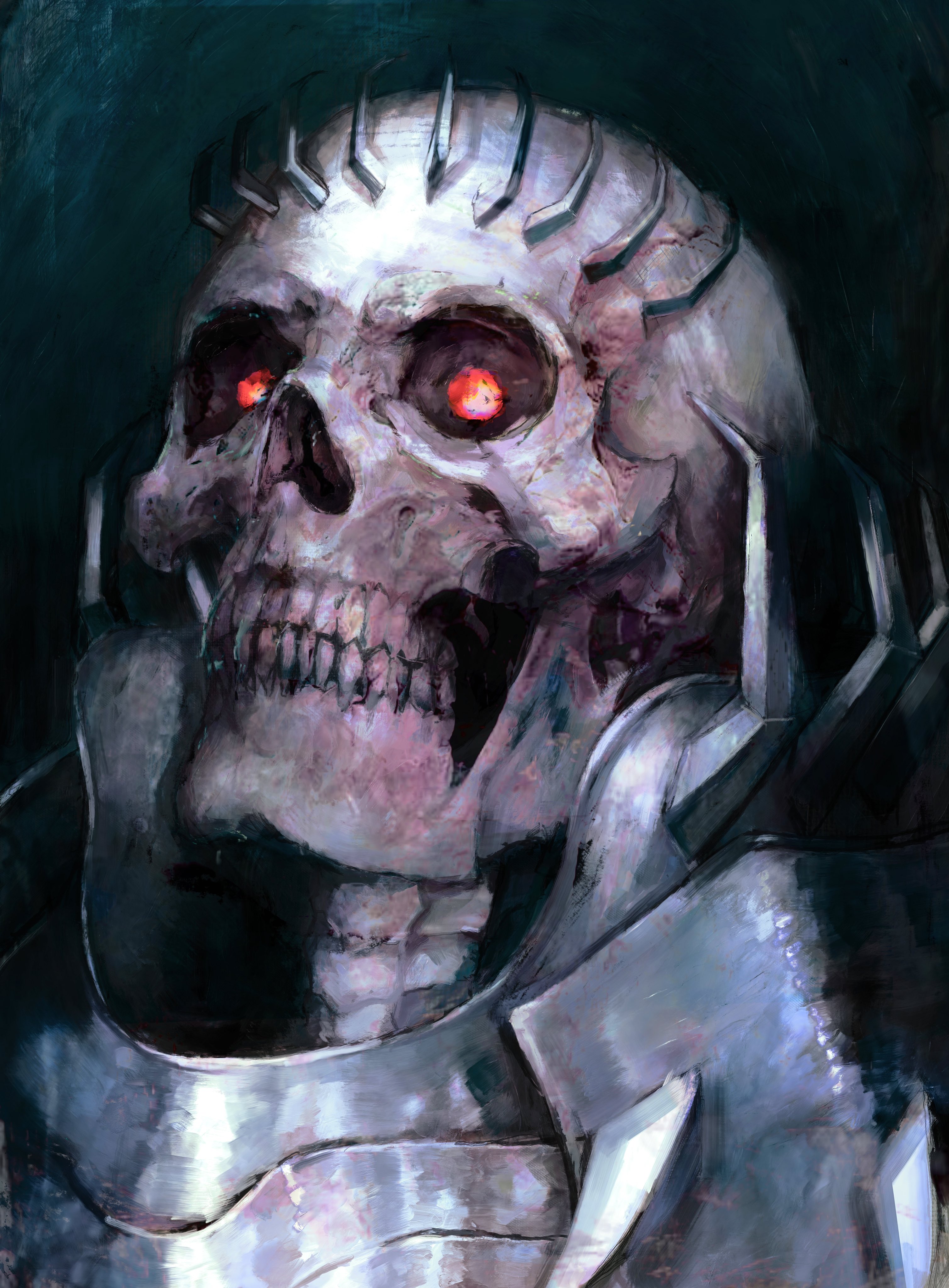 xa8uofivf2mcart, skull knight (berserk), berserk, absurdres, highres, 1boy, armor, breastplate, glowing, glowing eyes, gorget, no nose, no pupils, pauldrons, red eyes, shoulder armor, skeleton, skull, skull head, solo, spiked armor, spiked skull, teeth