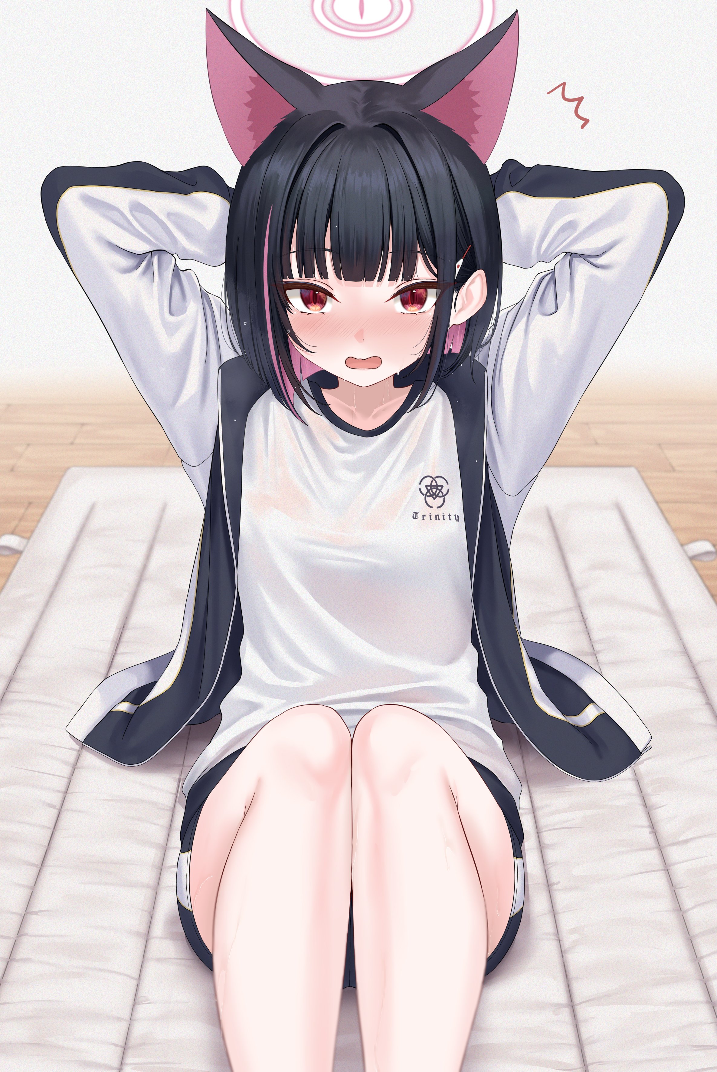rama (yu-light8), kazusa (blue archive), blue archive, absurdres, commentary request, commission, highres, skeb commission, 1girl, animal ears, arms behind head, arms up, black hair, black jacket, black shorts, blush, cat ears, cat girl, colored inner hair, exercising, feet out of frame, gym shirt, gym uniform, hair ornament, hairclip, halo, jacket, knees up, looking at viewer, medium hair, multicolored hair, multicolored jacket, open clothes, open jacket, open mouth, pink hair, pink halo, red eyes, shirt, shorts, sit-up, solo, sweat, two-tone jacket, wet, wet clothes, wet shirt, white jacket