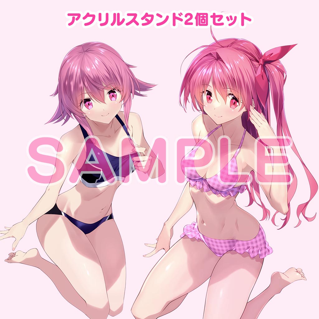 sasaki mutsumi, onoe serika, sakihata rimi, chaos;child, chaos;child love chu chu!!, chaos;head, chaos;head love chu chu!, science adventure, official art, 2girls, barefoot, bikini, blue bikini, breasts, cleavage, collarbone, frilled bikini, frills, groin, kneeling, long hair, looking at viewer, medium breasts, multiple girls, navel, one side up, pink eyes, pink hair, purple bikini, sample watermark, shibuya 109, short hair, short hair with long locks, sitting, small breasts, smile, stomach, swimsuit, toes, wariza, watermark