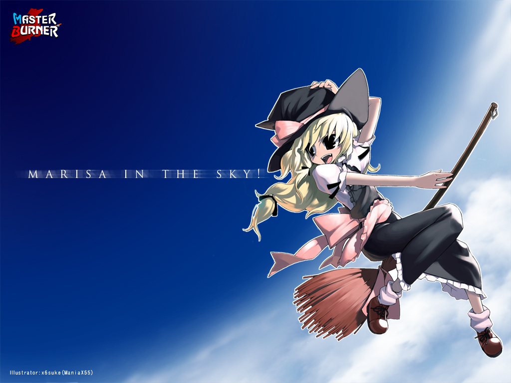 x6suke, kirisame marisa, touhou, 1girl, apron, black eyes, black hat, black ribbon, black skirt, blonde hair, bow, broom, broom riding, brown shoes, cloud, day, dress, english text, female focus, flying, gradient background, hand on headwear, hat, hat ribbon, long hair, low-tied long hair, open mouth, outdoors, pink apron, pink bow, puffy short sleeves, puffy sleeves, ribbon, sash, shirt, shoes, short sleeves, skirt, sky, socks, solo, teeth, waist apron, white shirt, white socks, witch, witch hat