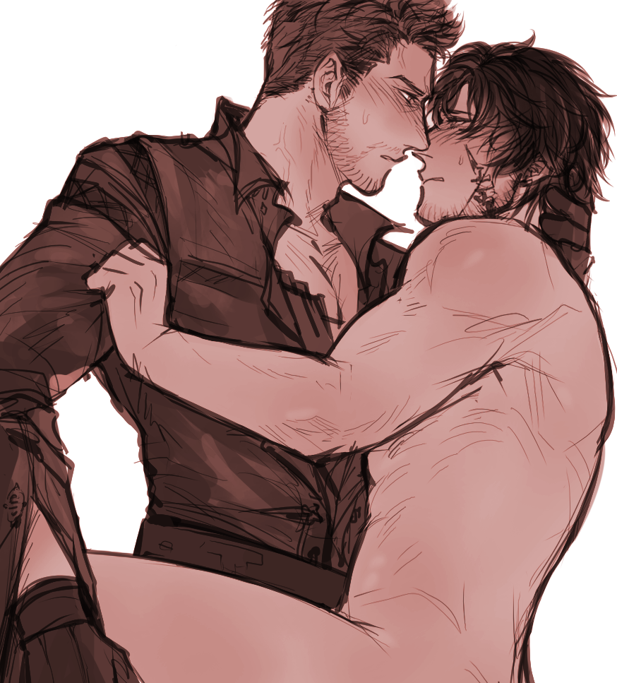 vivalewd, cidolfus telamon, clive rosfield, final fantasy, final fantasy xvi, commentary, english commentary, 2boys, abs, beard, black gloves, black hair, black shirt, blush, brown hair, closed mouth, clothes grab, collarbone, collared shirt, completely nude, eye contact, facial hair, facial mark, from side, gloves, hand on another's neck, imminent kiss, long sleeves, looking at another, male focus, multiple boys, nude, open collar, pectoral cleavage, pectorals, profile, shirt, shirt grab, short hair, simple background, sweat, white background, wing collar, yaoi
