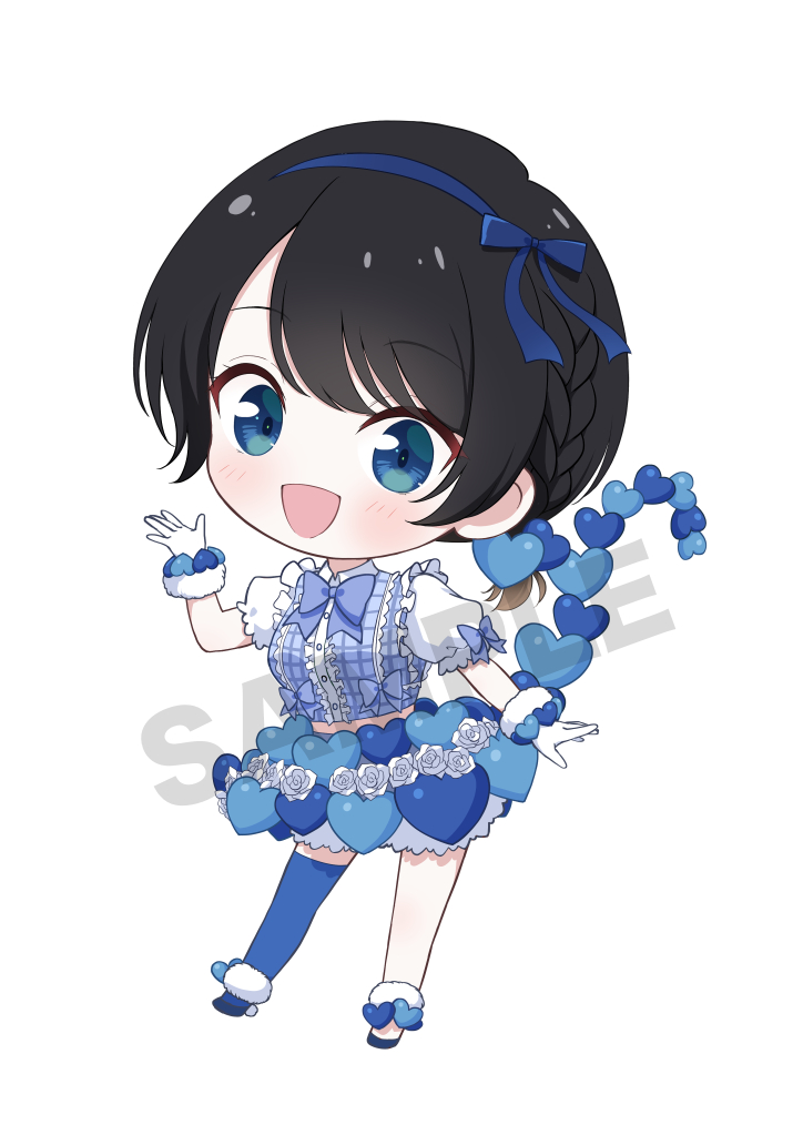 necocafe lili, sarashina ruka, kanojo okarishimasu, commentary request, 1girl, black hair, blue ribbon, blue shirt, blue skirt, blue thighhighs, blush, braid, breasts, chibi, flower, frilled shirt, frills, full body, gloves, hair ribbon, hand up, heart, looking at viewer, medium breasts, open mouth, puffy short sleeves, puffy sleeves, ribbon, rose, sample watermark, shirt, shoes, short hair, short sleeves, simple background, single braid, single thighhigh, skirt, smile, solo, standing, thighhighs, watermark, white background, white flower, white gloves, white rose
