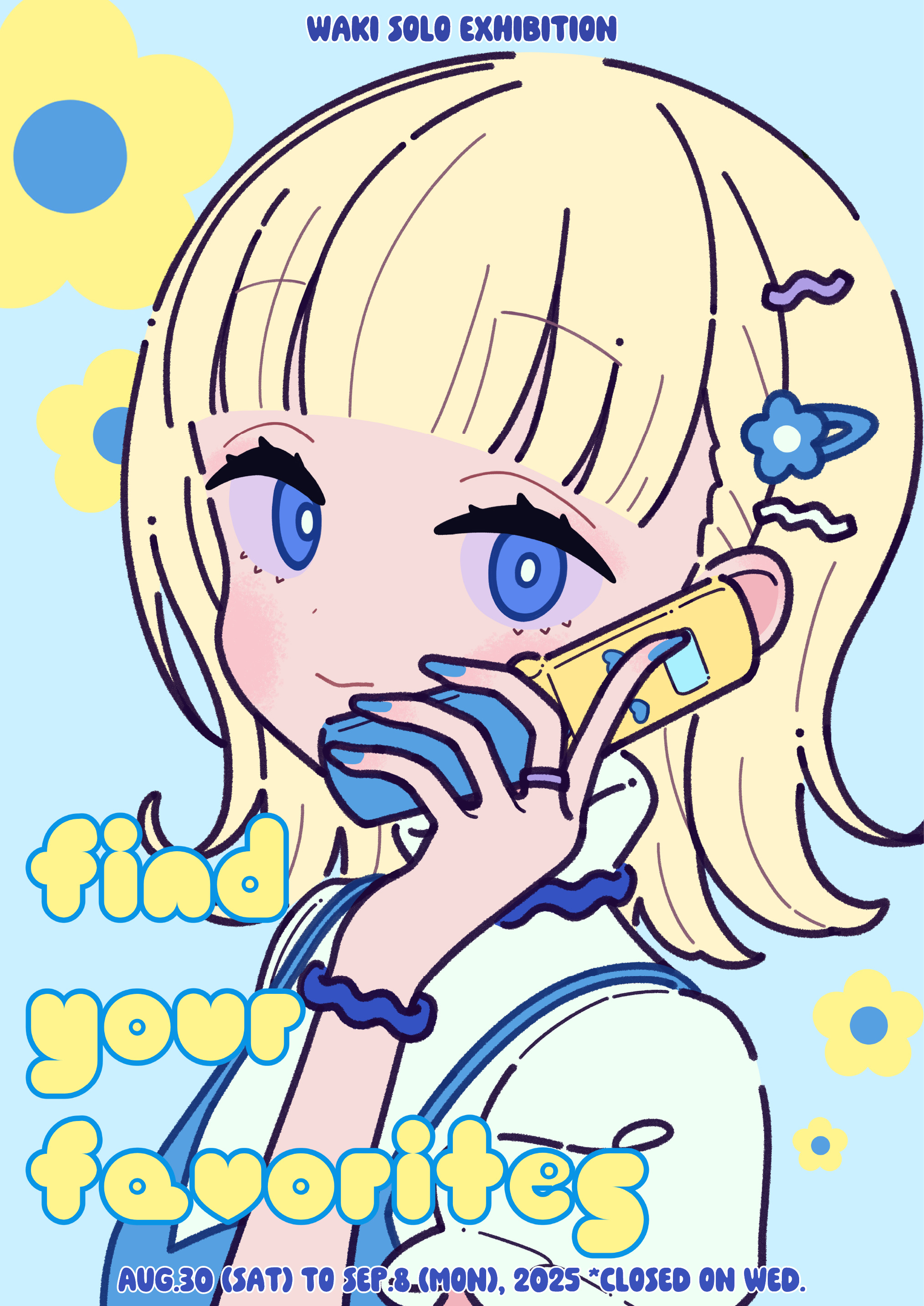 neki (wakiko), original, absurdres, commentary request, highres, 1girl, blonde hair, blue background, blue dress, blue eyes, blue flower, blue nails, blue shirt, cellphone, closed mouth, dress, english text, flip phone, flower, hair flower, hair ornament, hairclip, holding, holding phone, looking at viewer, nail polish, phone, shirt, short sleeves, sleeveless, sleeveless dress, smile, solo, upper body