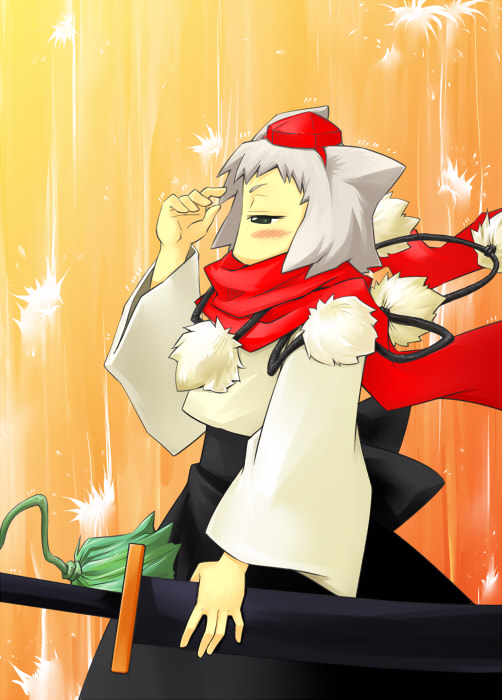 inubashiri momiji, touhou, 1girl, animal ears, female focus, gradient background, hat, scarf, solo, sword, weapon, wolf ears