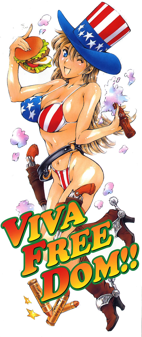 maguro teikoku, coca-cola, nazenani kyoushitsu, highres, long image, tall image, 'murica, 1girl, american flag, american flag bikini, american flag hat, american flag print, american flag swimsuit, belt, bikini, blonde hair, blue eyes, boots, breasts, bullet, burger, cowboy boots, cowboy western, egg, flag print, flag print bikini, food, gun, handgun, hat, high heel boots, high heels, highleg, highleg bikini, holster, large breasts, long hair, looking at viewer, one eye closed, personification, poster (medium), print bikini, propaganda, revolver, simple background, smile, spurs, string bikini, swimsuit, top hat, united states, weapon, white background, wink