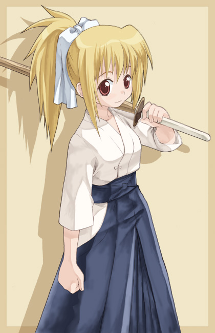 takano natsuki, chiba kirino, bamboo blade, 00s, 1girl, blonde hair, blue hakama, female focus, hakama, hakama skirt, japanese clothes, kendo, ponytail, red eyes, shinai, skirt, solo, sword, weapon
