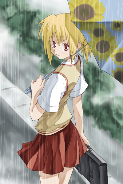 takano natsuki, chiba kirino, bamboo blade, 00s, 1girl, female focus, rain, school uniform, serafuku, solo, sweater vest, umbrella, vest