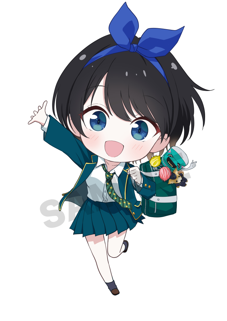 necocafe lili, sarashina ruka, kanojo okarishimasu, commentary request, 1girl, bag, bag charm, black hair, blazer, blue ribbon, blush, breasts, brown shoes, charm (object), chibi, collarbone, collared shirt, dress shirt, gradient hair, green necktie, hair ribbon, jacket, loafers, long sleeves, looking at viewer, medium breasts, miniskirt, multicolored hair, necktie, open clothes, open jacket, open mouth, pleated skirt, ribbon, sample watermark, school bag, school uniform, shirt, shoes, short hair, simple background, skirt, smile, socks, solo, standing, standing on one leg, star (symbol), star print, watermark, white background, white shirt