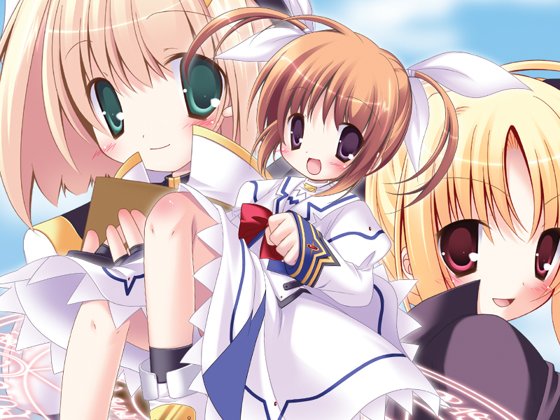 fate testarossa, takamachi nanoha, takamachi nanoha (sacred mode), yagami hayate, lyrical nanoha, mahou shoujo lyrical nanoha, mahou shoujo lyrical nanoha a's, 00s, 3girls, blonde hair, blue eyes, bow, cape, fingerless gloves, gloves, hat, jacket, magic circle, magical girl, multiple girls, purple eyes, red bow, red eyes, red hair, twintails, unison (nanoha)