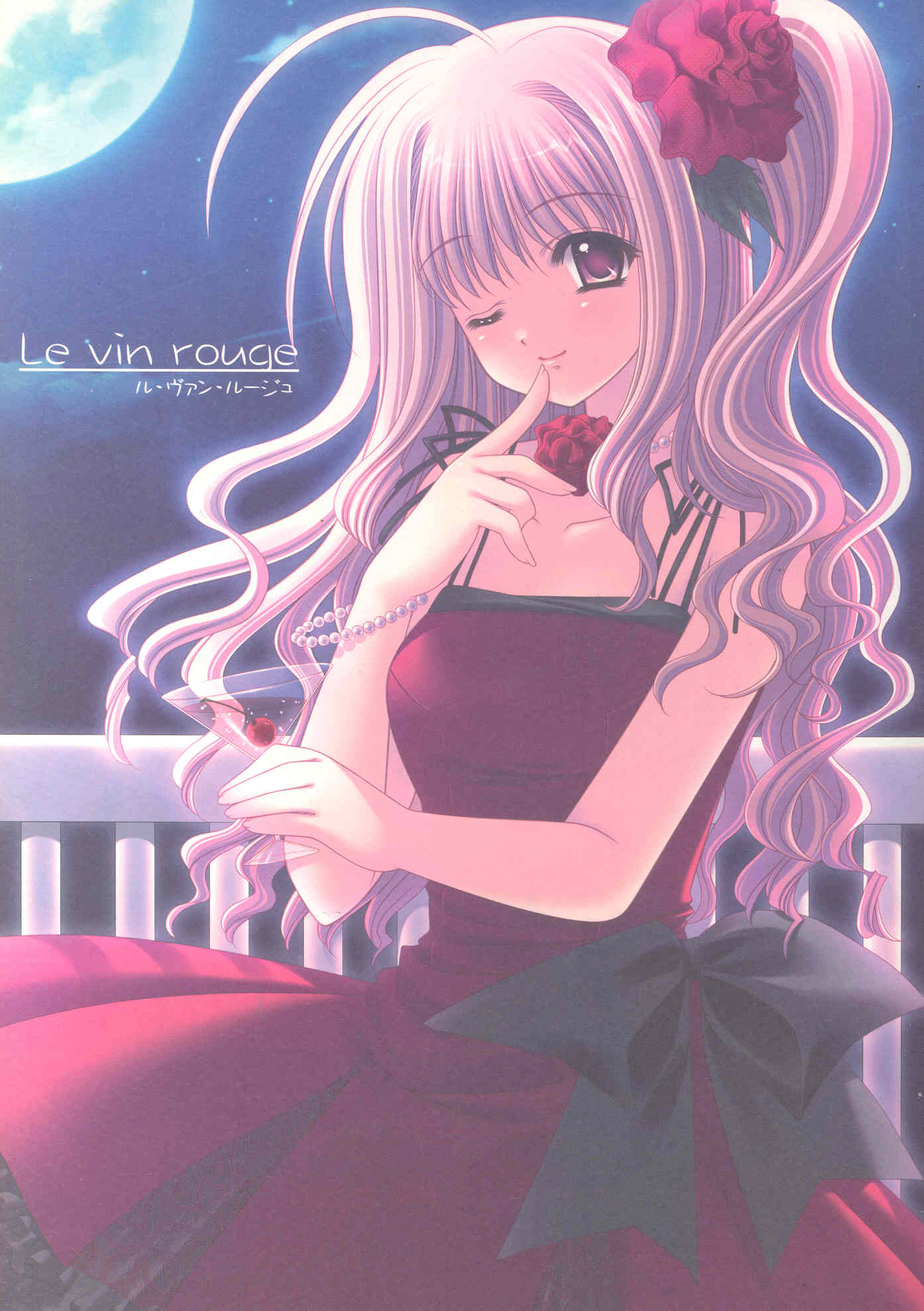 nishimata aoi, highres, jpeg artifacts, 1girl, ahoge, alcohol, black bow, bow, bracelet, cherry, choker, cocktail, cocktail glass, collarbone, cup, dress, drink, drinking glass, eyelashes, female focus, finger to mouth, flower, food, fruit, full moon, gem, glass, gown, hair flower, hair ornament, head tilt, holding, holding cup, jewelry, long hair, looking at viewer, moon, night, night sky, one eye closed, one side up, outdoors, pearl (gemstone), pearl bracelet, pink eyes, pink hair, ponytail, purple eyes, railing, red dress, red flower, red rose, rose, sky, sleeveless, sleeveless dress, solo, spaghetti strap, wavy hair, wine, wink