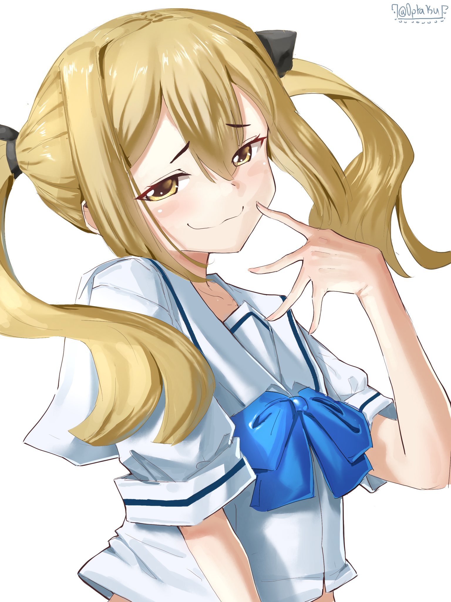 koujiro frau, robotics;notes, science adventure, highres, 1girl, blonde hair, blue trim, chuo tanegashima high school uniform, collarbone, cropped shirt, from side, hand up, head tilt, long hair, midriff peek, sailor collar, sailor shirt, school uniform, shirt, sidelocks, smug, solo, two side up, ukatpo, upper body, white background, white sailor collar, white shirt, yellow eyes