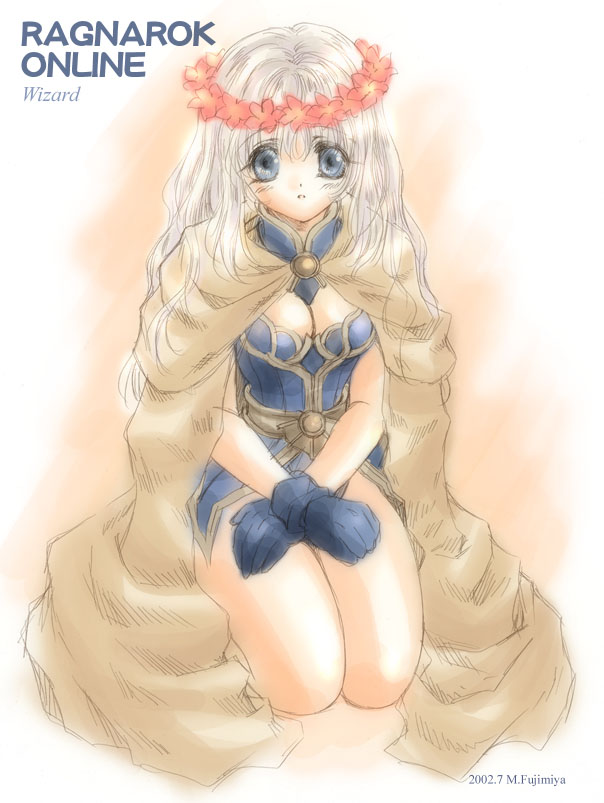 wizard (ragnarok online), ragnarok online, 1girl, blue eyes, breasts, cleavage, cloak, female focus, gloves, grey hair, head wreath, kneeling, long hair, medium breasts, solo, wizard