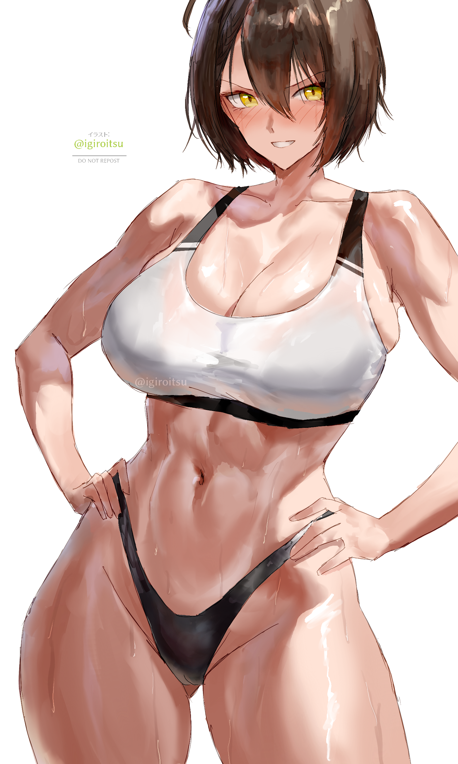 igiroitsu, baltimore (azur lane), azur lane, absurdres, commentary request, highres, 1girl, abs, black panties, blush, breasts, brown hair, cleavage, collarbone, hair between eyes, hands on own hips, large breasts, looking at viewer, muscular, muscular female, navel, panties, short hair, simple background, smile, solo, sports bra, sweat, twitter username, underwear, white background, yellow eyes
