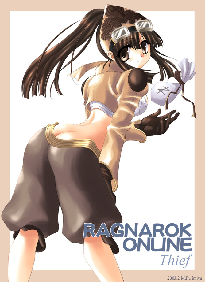 fujimiya misuzu, thief (ragnarok online), ragnarok online, 1girl, artist name, ass, bent over, brown eyes, brown hair, butt crack, character name, copyright name, female focus, goggles, ponytail, solo