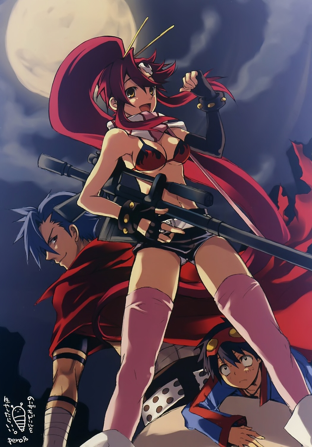 ito noizi, kamina (ttgl), simon (ttgl), yoko littner, tengen toppa gurren lagann, highres, 00s, 1girl, 2boys, between legs, bikini, bikini top only, breasts, cape, cleavage, gun, lingerie, long hair, midriff, moon, multiple boys, ponytail, red hair, rifle, short shorts, shorts, sniper rifle, swimsuit, thighhighs, underwear, view between legs, weapon