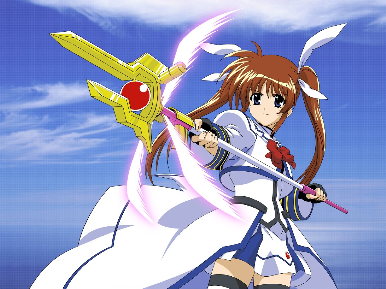 raising heart, takamachi nanoha, lyrical nanoha, mahou shoujo lyrical nanoha, mahou shoujo lyrical nanoha strikers, 00s, 1girl, blue eyes, brown hair, female focus, long hair, miniskirt, purple eyes, skirt, solo, thighhighs, twintails, zettai ryouiki