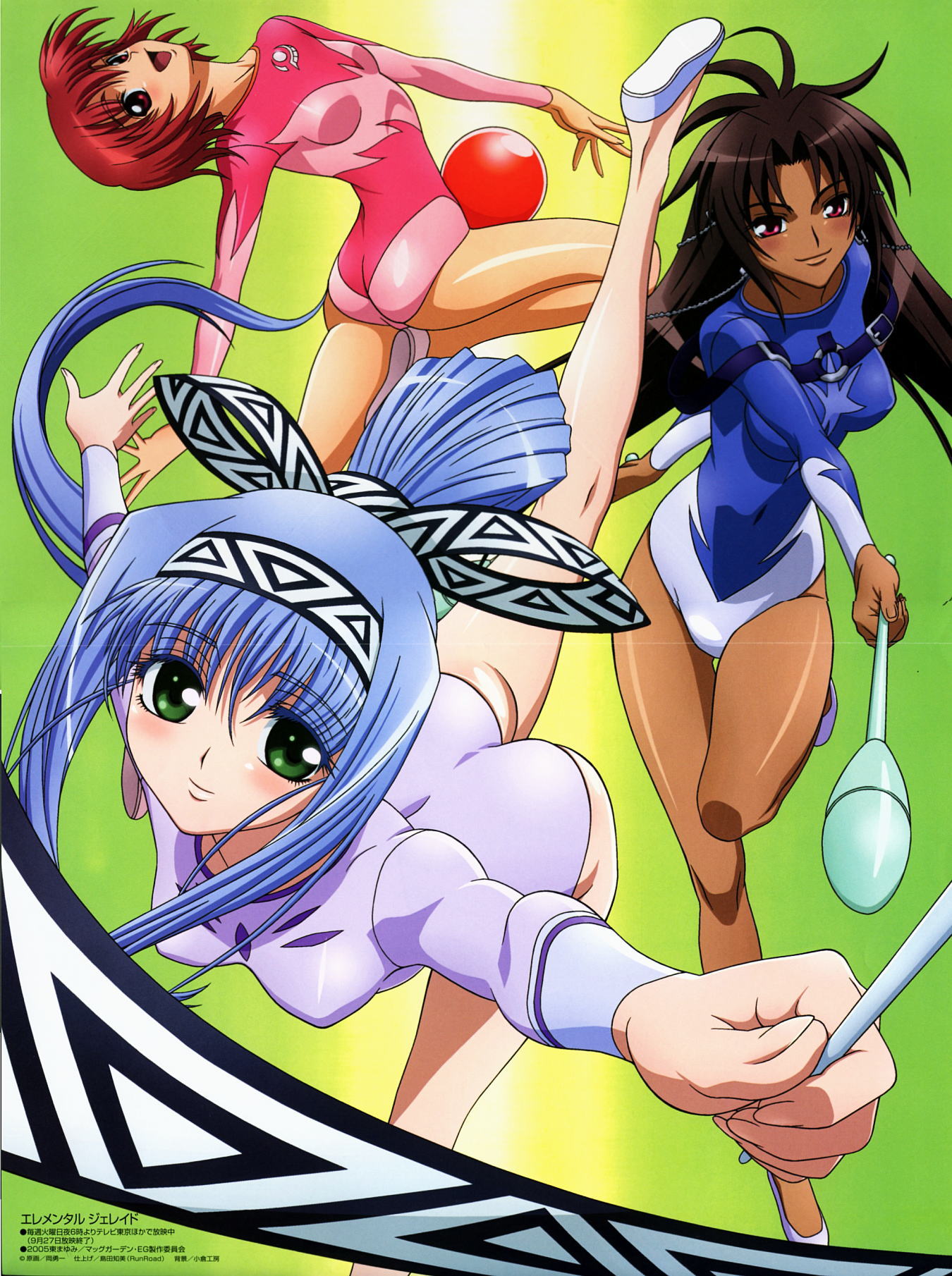 oka yuuichi, cisqua, kullweet envatilia, reverie metherlence, elemental gelade, highres, non-web source, 00s, 3girls, ass, blue hair, blue leotard, breasts, brown hair, dark-skinned female, dark skin, green eyes, gymnast leotard, gymnastics, juggling club, leotard, long hair, multiple girls, red eyes, red hair, rhythmic gymnastics, ribbon, ribbon baton, short hair, smile, white leotard