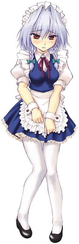 yaburebouki akuta, izayoi sakuya, touhou, silver hair, long image, tall image, 1girl, blush, braid, female focus, maid, red eyes, solo, twin braids