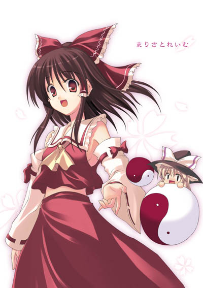 monji, hakurei reimu, kirisame marisa, touhou, 2girls, arm at side, ascot, black hair, black hat, blonde hair, bow, breasts, brown hair, cherry blossoms, chibi, detached sleeves, female focus, floating hair, floral background, hair bow, hair tubes, hat, hat bow, long hair, looking at viewer, midriff peek, mini person, minigirl, multiple girls, outstretched arm, palms, petals, red bow, red ribbon, red skirt, ribbon, ribbon-trimmed sleeves, ribbon trim, sideboob, skirt, skirt set, small breasts, solo focus, white background, white bow, witch hat, yin yang
