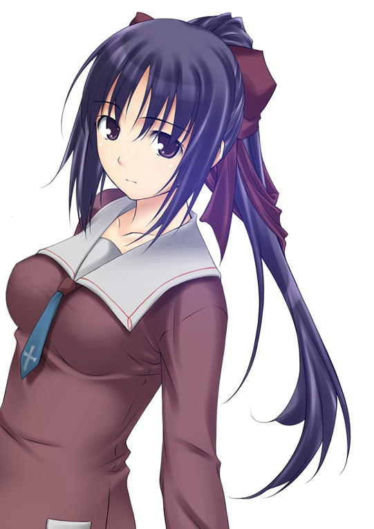 ribucci, kamishiro mana, kishin taisen gigantic formula, 00s, 1girl, bow, female focus, hair bow, hair ribbon, long hair, purple hair, ribbon, school uniform, solo
