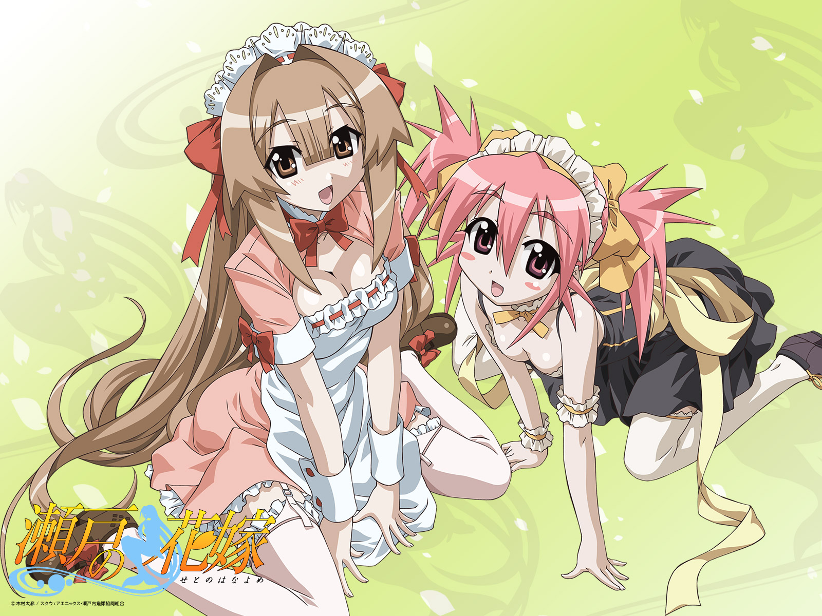 edomae lunar, seto sun, seto no hanayome, highres, 00s, 2girls, breasts, cleavage, garter belt, lingerie, maid, medium breasts, multiple girls, small breasts, thighhighs, underwear