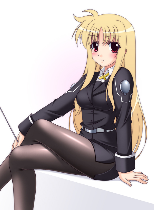 narutaki shin, fate testarossa, lyrical nanoha, mahou shoujo lyrical nanoha, mahou shoujo lyrical nanoha strikers, 00s, 1girl, blonde hair, crossed legs, female focus, long hair, military, military uniform, pantyhose, red eyes, sitting, solo