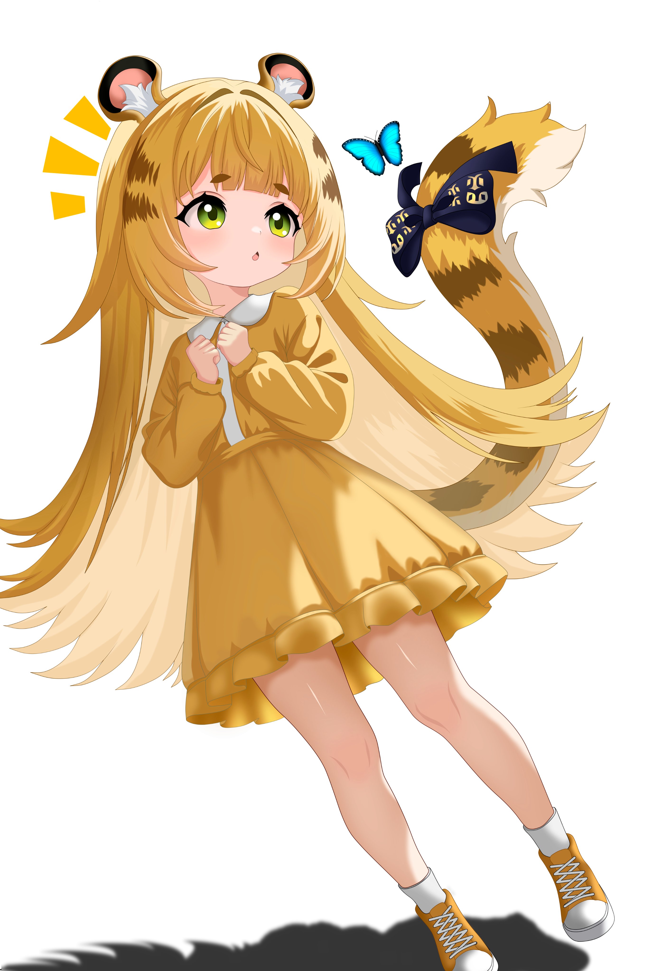 furfik, ju fufu, zenless zone zero, absurdres, highres, 1girl, aged down, animal ear fluff, animal ears, blonde hair, bow, bug, butterfly, dress, green eyes, insect, long hair, shoes, socks, solo, striped fur, striped hair, tail, tail bow, tail ornament, tiger ears, tiger girl, tiger stripes, tiger tail, white socks, yellow dress, yellow shoes