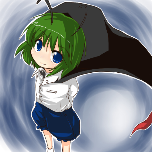 morino harifu, wriggle nightbug, touhou, lowres, 1girl, antennae, blue eyes, cape, female focus, gradient background, green hair, short hair, shorts, solo
