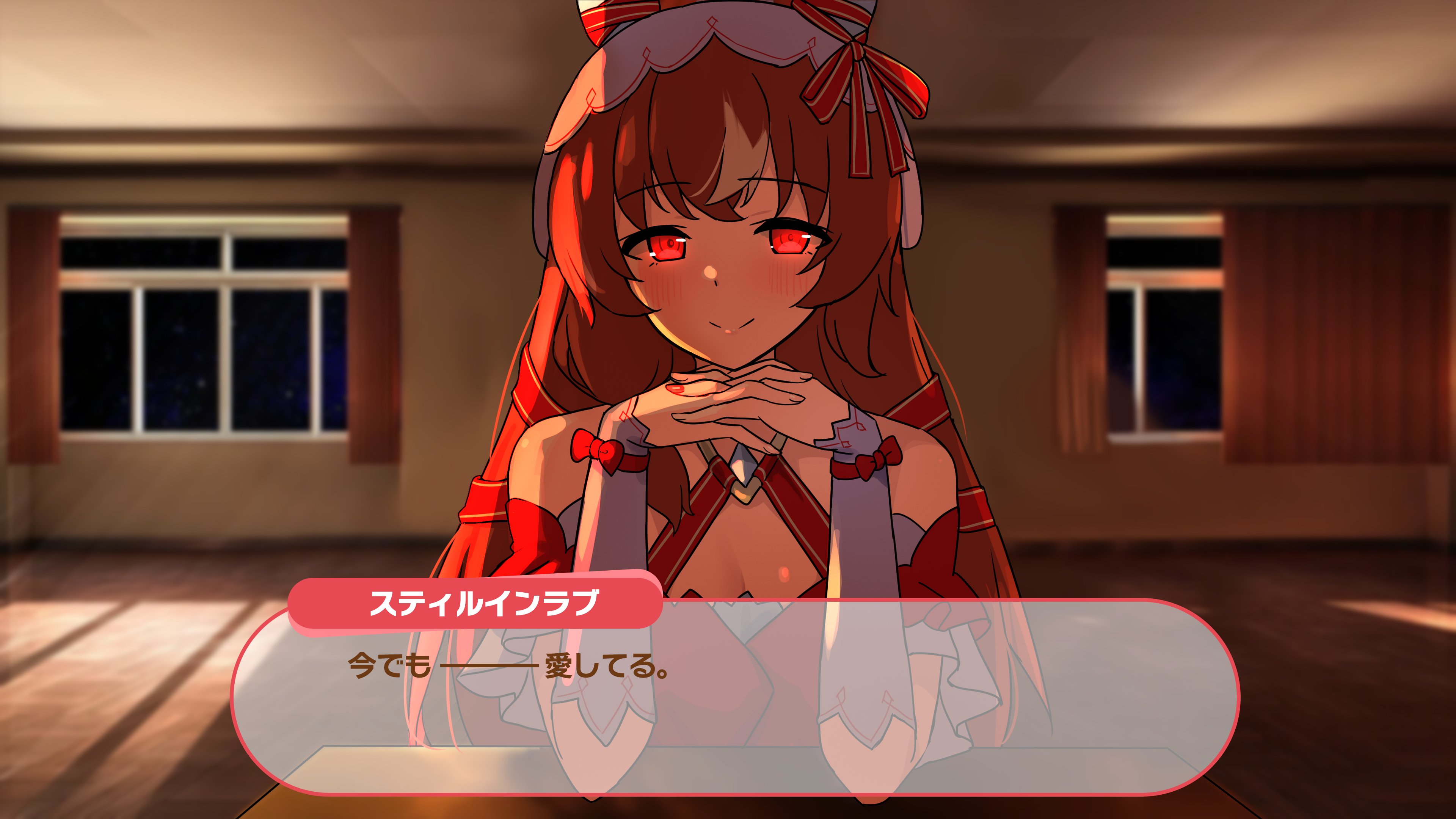 kibihimi, still in love (umamusume), doki doki literature club, umamusume, absurdres, commentary, english commentary, highres, partially translated, translation request, 1girl, animal ears, blush, brown hair, character name, dialogue box, head rest, horse ears, horse girl, interlocked fingers, just monika (meme), long hair, looking at viewer, meme, parody, red eyes, red nails, smile, solo, upper body