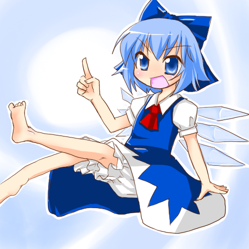 morino harifu, cirno, embodiment of scarlet devil, touhou, lowres, 1girl, barefoot, bow, female focus, smile, solo