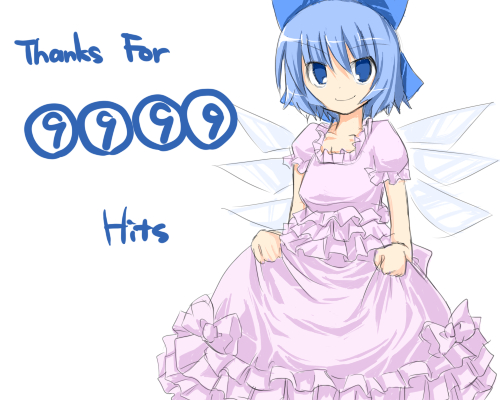 morino harifu, cirno, touhou, lowres, 1girl, alternate costume, blue eyes, blue hair, bow, circled 9, dress, female focus, hair bow, matching hair/eyes, milestone celebration, pink dress, simple background, smile, solo