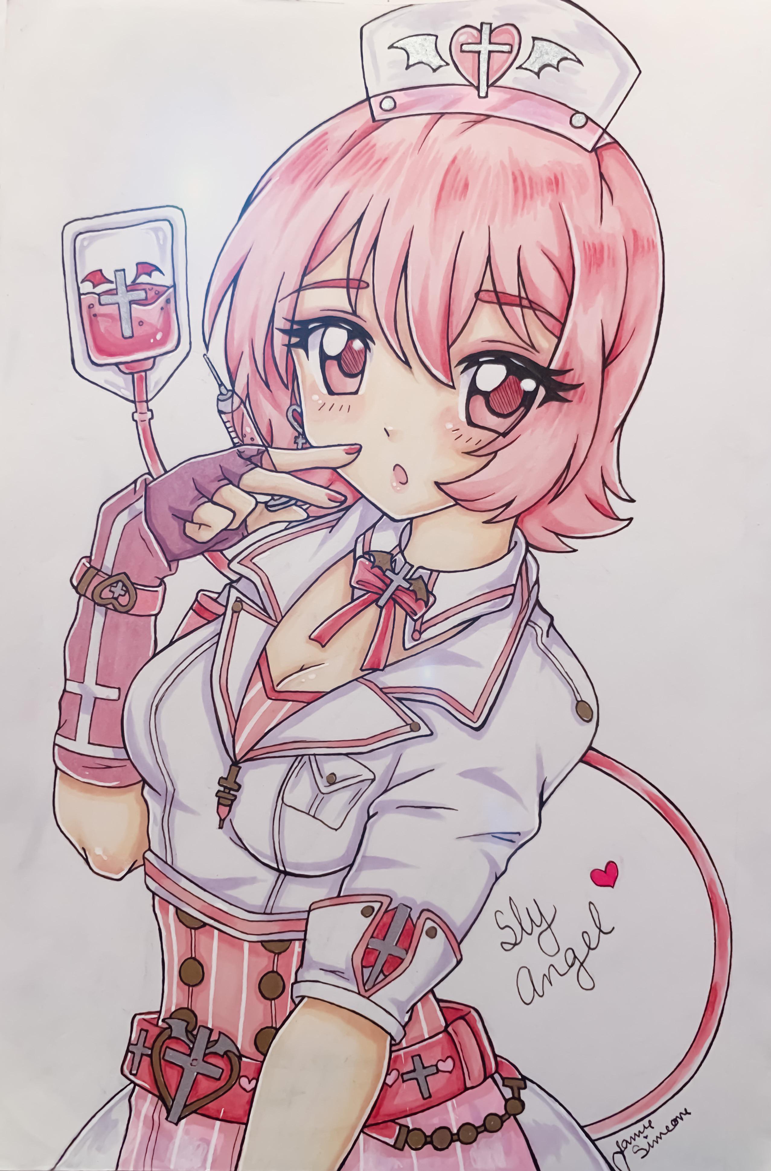miracle nikki, nikki (series), absurdres, commentary, english commentary, highres, traditional media, 1girl, :o, apron, belt, belt buckle, bow, bowtie, breast pocket, breasts, buckle, buttons, cleavage, collar, collared jacket, cowboy shot, cross, cross brooch, cross print, demon tail, detached collar, dot nose, dress, english text, expressionless, eyelashes, eyeshadow, finger to cheek, fingerless gloves, gloves, hair between eyes, hat, heart, heart-shaped buckle, heart print, holding, holding syringe, intravenous drip, jacket, lapels, light blush, lips, looking at viewer, makeup, medium breasts, nail polish, notched lapels, nurse, nurse cap, open mouth, pink apron, pink arm warmers, pink belt, pink bow, pink bowtie, pink eyes, pink eyeshadow, pink gloves, pink hair, pink lips, pink nails, pink tail, pocket, see-through clothes, see-through headwear, short hair, short sleeves, signature, sleeve cuffs, sly angel (miracle nikki), solo, standing, striped apron, striped clothes, syringe, tail, tareme, vertical-striped apron, vertical-striped clothes, white collar, white dress, white jacket, wing print, winged heart, wrist belt, yamisaan