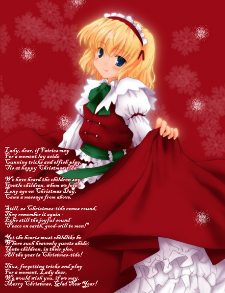 makkuroh (yoh-ku), alice margatroid, alice's adventures in wonderland, touhou, 1girl, alternate color, blonde hair, blue eyes, bow, christmas, dress, english text, female focus, green ribbon, hairband, lolita hairband, long sleeves, puffy sleeves, red dress, ribbon, sash, short hair, snow, solo, text focus