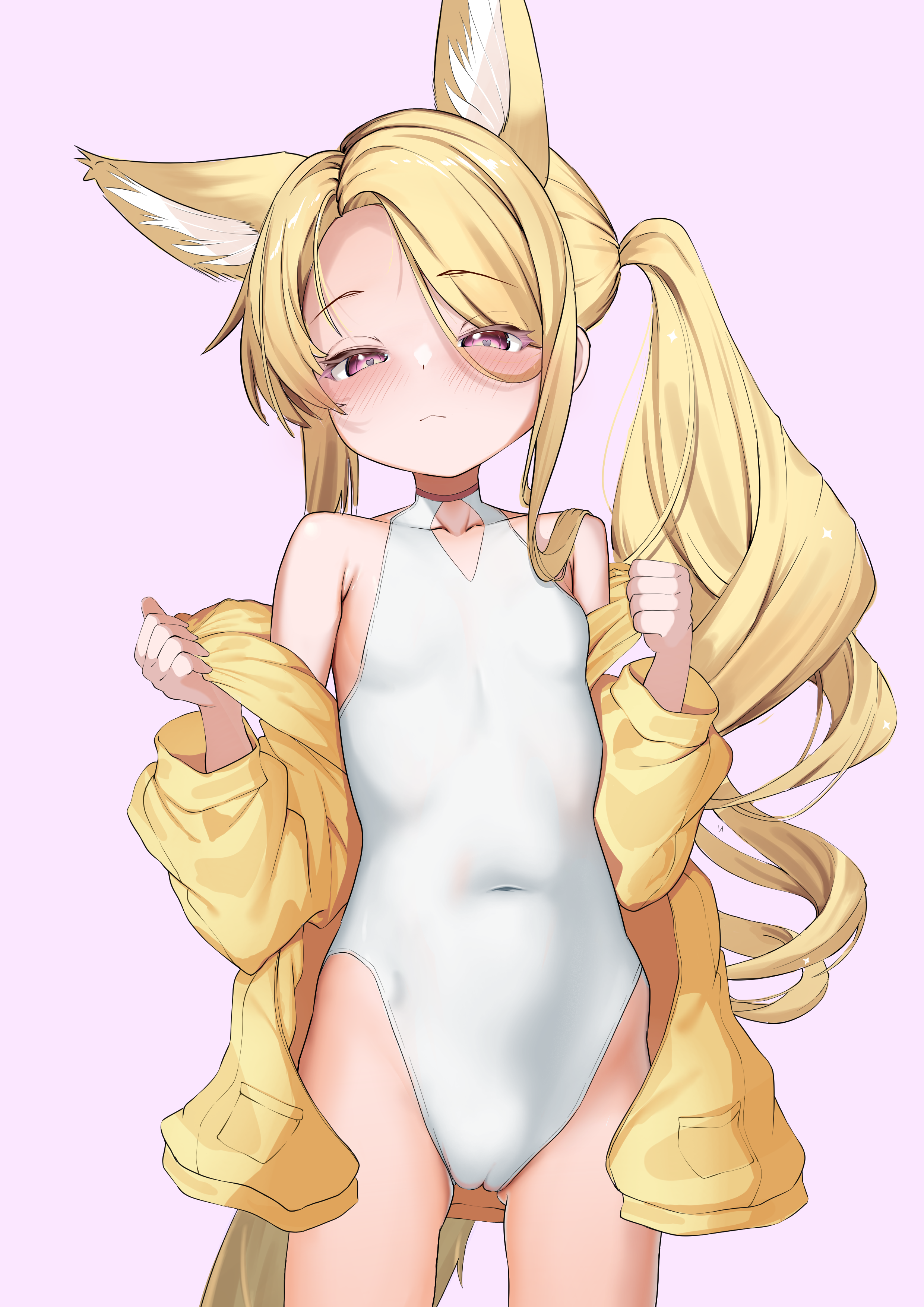 koneko idk, seia (blue archive), seia (swimsuit) (blue archive), blue archive, absurdres, highres, 1girl, animal ear fluff, animal ears, blonde hair, blush, breasts, cameltoe, covered navel, fox ears, fox girl, fox tail, gluteal fold, groin, highleg, highleg one-piece swimsuit, jacket, long hair, off shoulder, one-piece swimsuit, open clothes, open jacket, side ponytail, small breasts, solo, swimsuit, tail, thighs, white one-piece swimsuit, yellow jacket