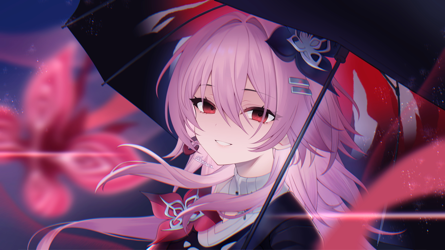 kanora, evernight (honkai: star rail), march 7th (honkai: star rail), honkai: star rail, honkai (series), 1girl, black dress, black flower, black umbrella, dress, flower, flower ornament, hair flower, hair ornament, hairclip, holding, holding umbrella, long hair, looking at viewer, official alternate costume, official alternate eye color, parallel hairclips, pink hair, portrait, red eyes, smile, solo, twitter username, umbrella