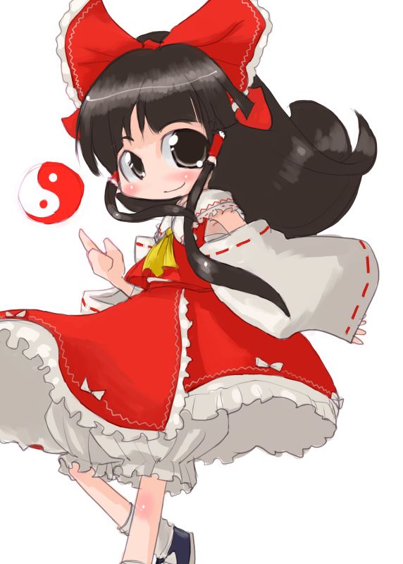 tao, tao (kadoya), hakurei reimu, touhou, 1girl, ascot, black eyes, black hair, bloomers, bow, detached sleeves, female focus, frilled skirt, frills, hair bow, hair tubes, long hair, red bow, red ribbon, red skirt, ribbon, ribbon-trimmed sleeves, ribbon trim, shoes, simple background, skirt, socks, solo, underwear, vest, white background, white bloomers, white socks, yin yang