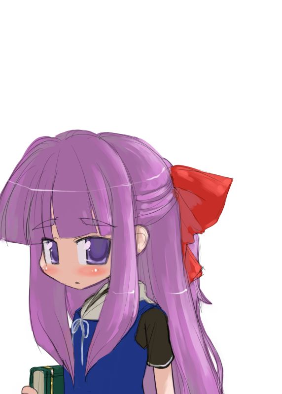 tao, tao (kadoya), patchouli knowledge, touhou, eyebrows, 1girl, alternate costume, alternate hairstyle, blush, book, bow, female focus, hair bow, half updo, no headwear, solo, upper body