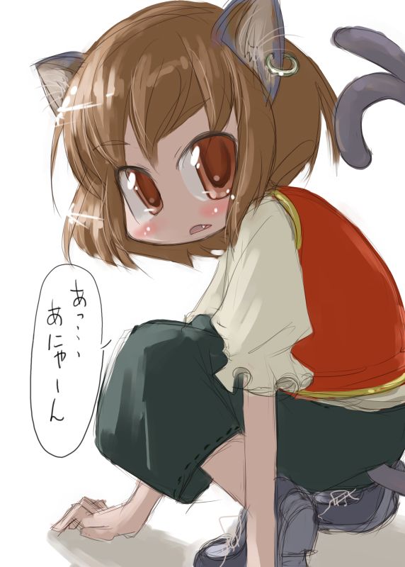 tao, tao (kadoya), chen, touhou, 1girl, animal ears, brown eyes, brown hair, cat ears, cat girl, cat tail, earrings, fang, female focus, jewelry, multiple tails, short hair, solo, tail