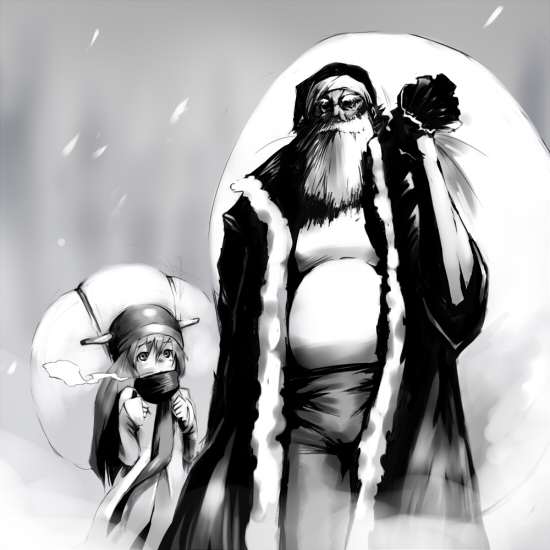 oguchi, santa claus, original, 1boy, 1girl, beard, breath, christmas, facial hair, greyscale, monochrome, santa costume, snow, snowing