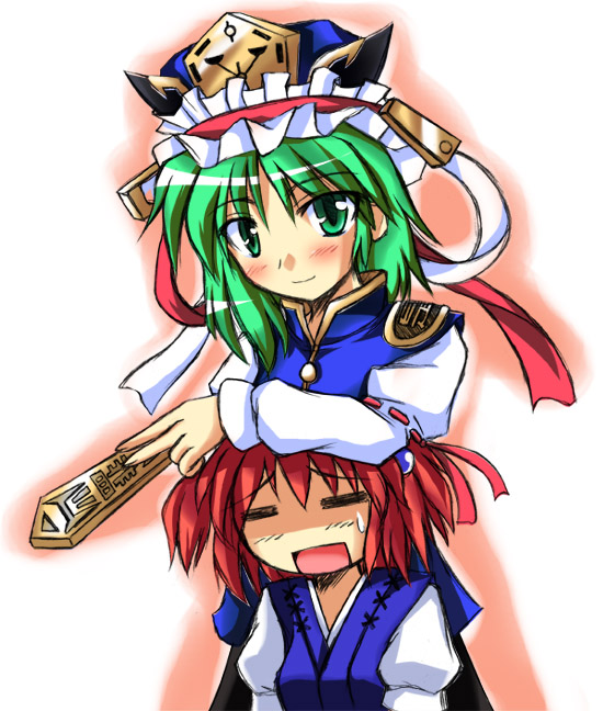 tokiniwa, onozuka komachi, shiki eiki, touhou, 2girls, = =, blush, female focus, front to back, green eyes, green hair, hat, japanese clothes, multiple girls, open mouth, red hair, ribbon, rod of remorse, short hair, sweat