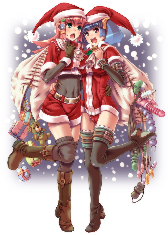 yuutarou (majiyuta), original, 2girls, anal beads, blue hair, boots, christmas, dildo, egg vibrator, green eyes, multiple girls, pink hair, red eyes, santa costume, sex toy, snow, snowing, thighhighs, too many, too many sex toys, vibrator, zettai ryouiki