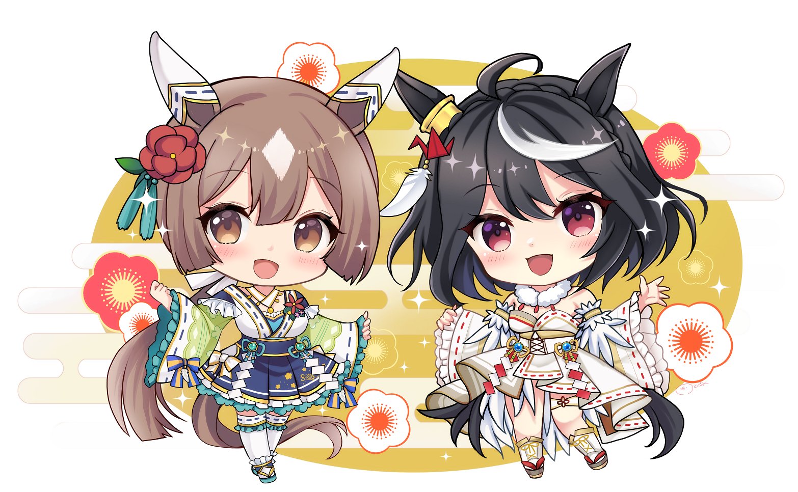 terimuku, kitasan black (umamusume), satono diamond (umamusume), umamusume, commentary request, 2025, 2girls, :d, ahoge, animal ears, bare shoulders, black hair, boots, braid, breasts, brown background, brown eyes, brown hair, chibi, cleavage, crown braid, egasumi, feet out of frame, floral background, frilled sleeves, frills, fur collar, hair between eyes, horse ears, horse girl, horse tail, long sleeves, looking at viewer, medium breasts, multicolored hair, multiple girls, open mouth, pinching sleeves, red eyes, ribbon-trimmed sleeves, ribbon trim, sleeves past wrists, smile, standing, streaked hair, tail, thighhighs, white background, white boots, white hair, white thighhighs, wide sleeves