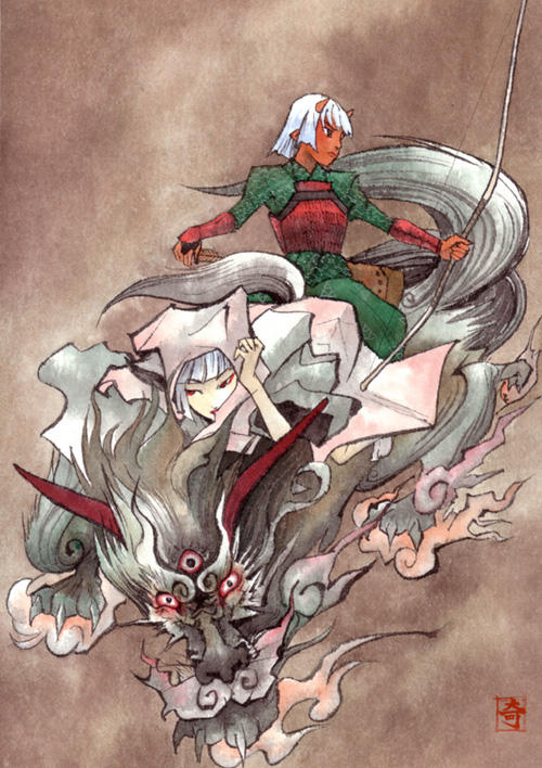 kushizukino ayame, original, 1boy, 1girl, bow (weapon), fantasy, weapon