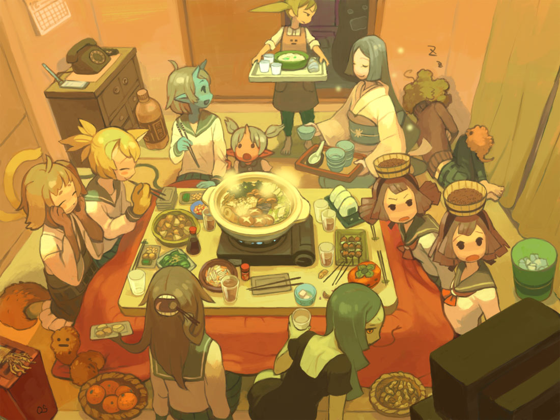 iwamoto zerogo, original, 6+girls, animal ears, blue oni, blue skin, cat ears, cat tail, colored skin, demon girl, female focus, food, green hair, hat, horns, indoors, kotatsu, lying, monster girl, multiple girls, nabe, object on head, oni, onigiri, portable stove, red oni, school uniform, serafuku, sitting, standing, table, tail, traditional youkai